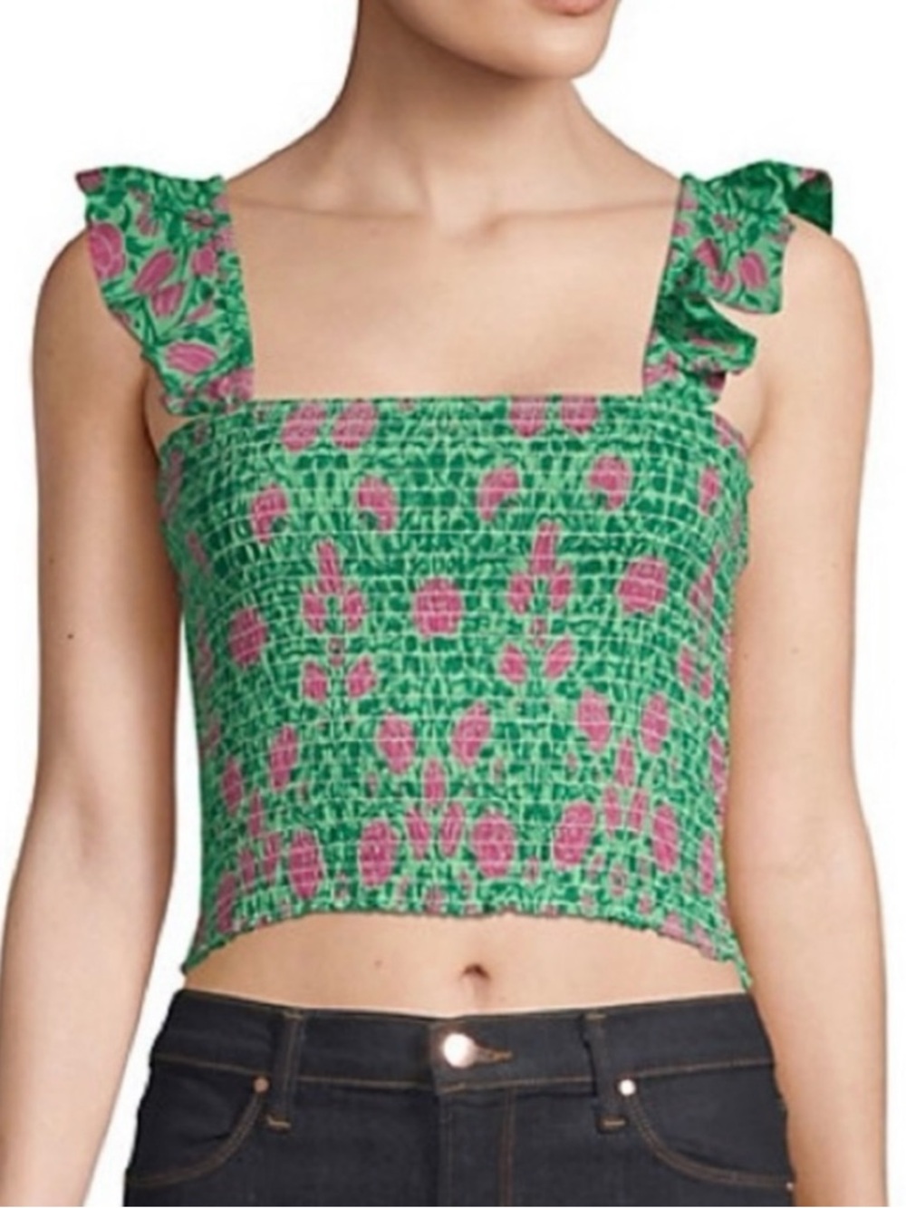 Banjanan Iris Smocked Ruffle Crop Top XS Jade Tulip Rose